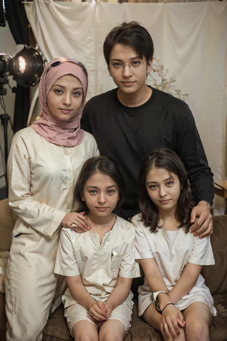 (masutepiece), (Best Quality), Realistic, Photorealism, familly photography, white muslim cloth. father 30 year old with eyeglass, mother 25 year old with hijab, boy 10 year old, daughter 4 year old. sitting in sofa, smile. background in elegant studio photo professional photography, bright lighting, 28mm lens, Establishing shot, deep focus cinematography effect, Natural Lighting, pastel color grading, high quality, ultra detail, 8k resolution,