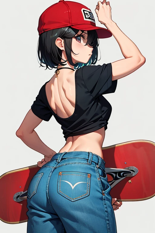 skateboard　Beauty、Upper body、meaty、Glamour、hat、34 years old、back view、short hair
