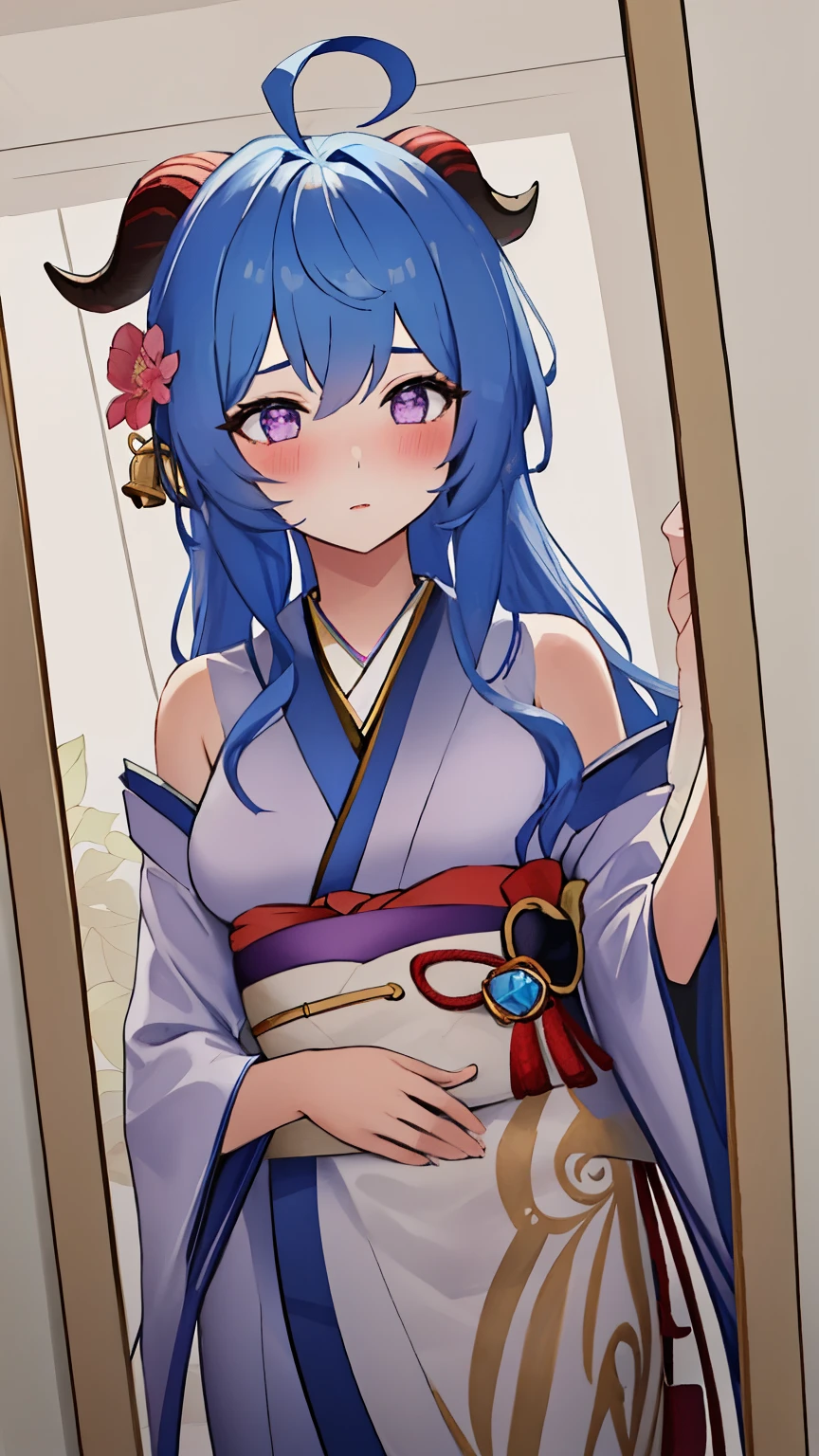 blue_hair, long_hair, bangs, horns, purple_eyes, ahoge, breasts, blush, goat_horns, sidelocks, bell, medium_breasts, large_breasts, neck_bell, ((masterpiece)), (Professional Photography:1.2), camelliamix, from above, flat body, Beautiful flowers bloom, (sparkles), (There is a blooming camellia)，standing under a tree, (head looking up), Look at the tree, Natural soft light, macaron, Still ethereal, Crisp and smooth lines, radiant morning light, soft luminescent glow, (((kimono, selfie, mirror)))