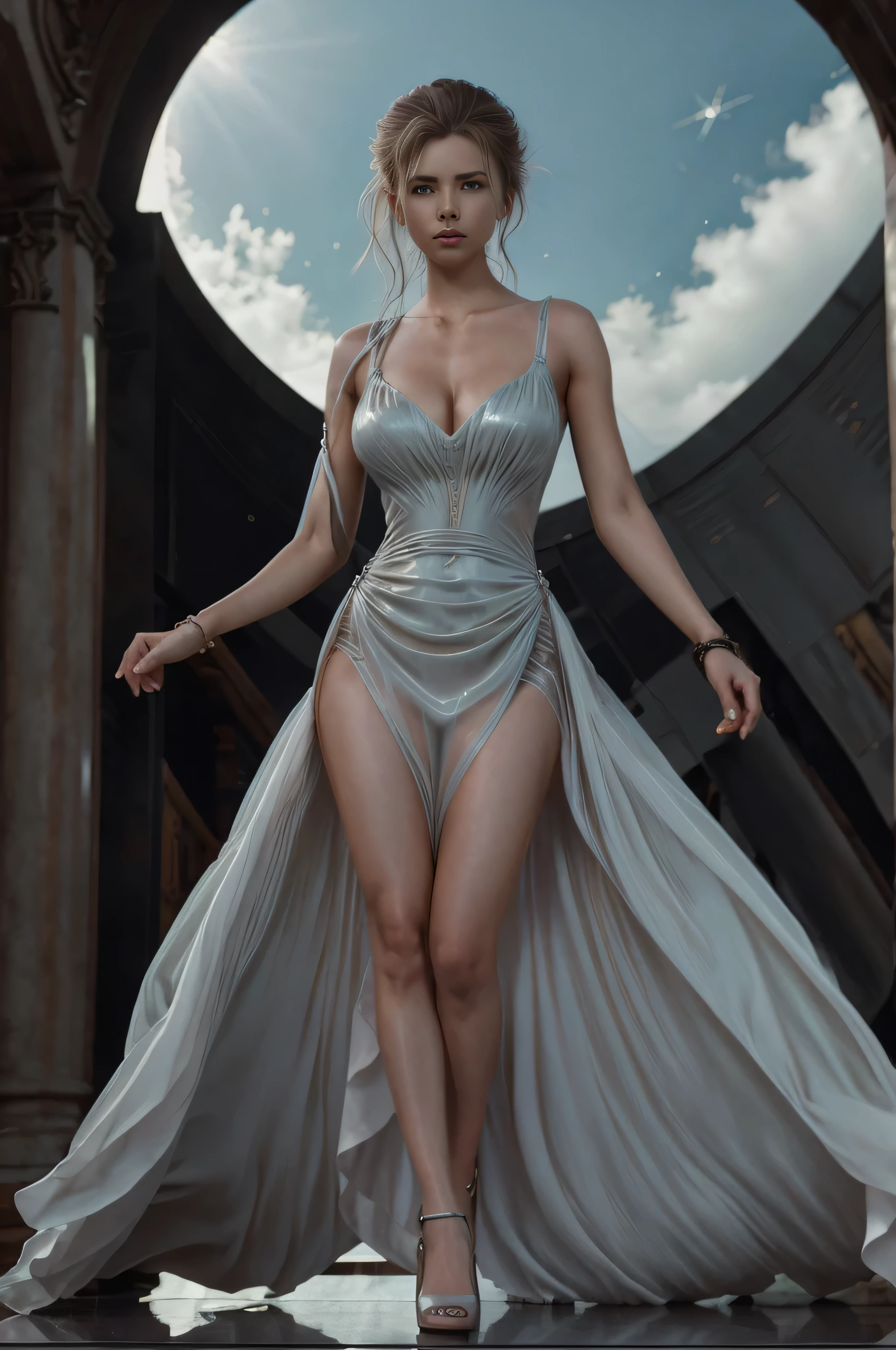Baroque sci - fi full body elegant woman airy translucent dress epic atmosphere chiseled background 8k desaturated colors cinematic ultra realstic textures adire