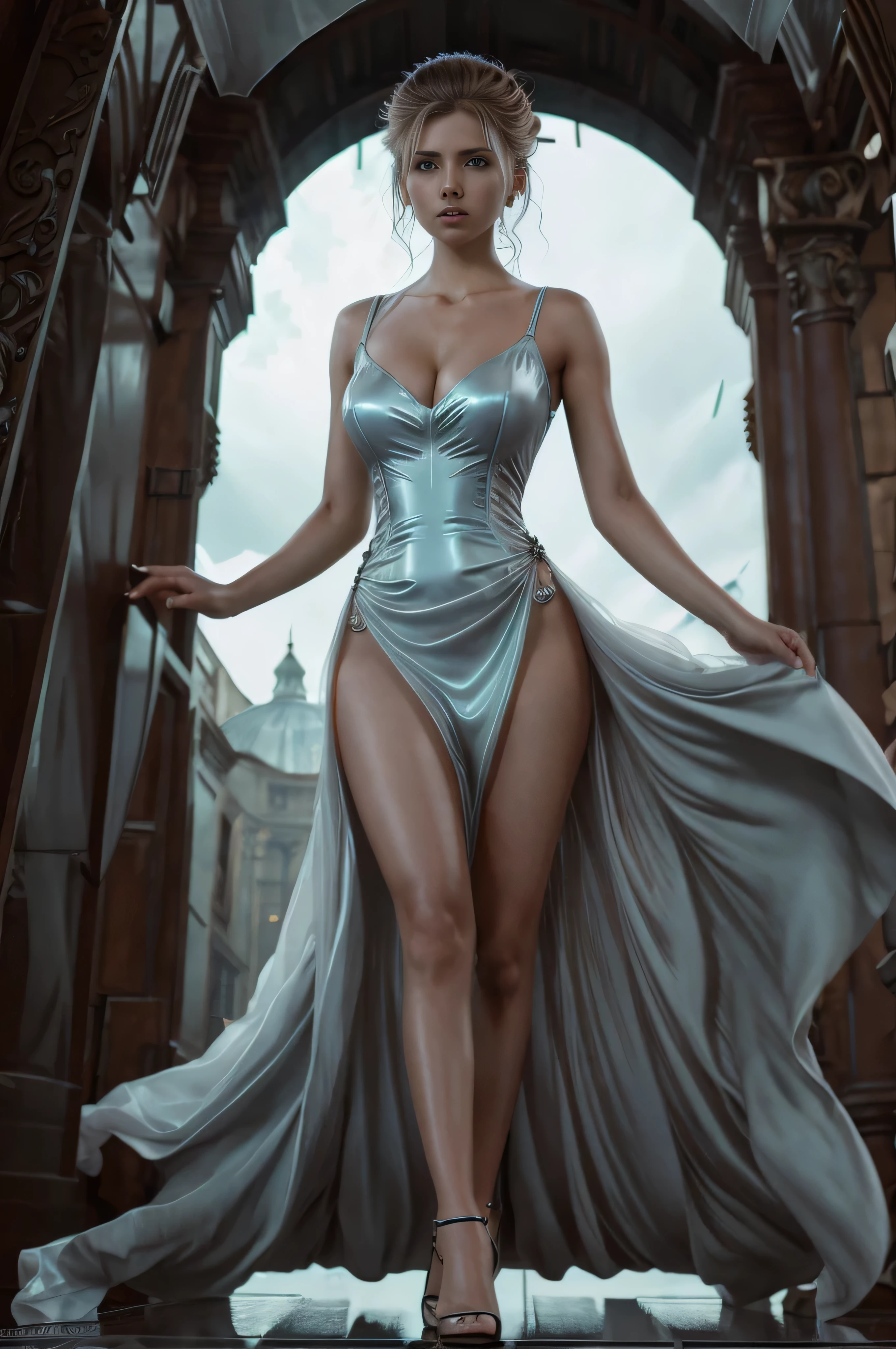 Baroque sci - fi full body elegant woman airy translucent dress epic atmosphere chiseled background 8k desaturated colors cinematic ultra realstic textures adire