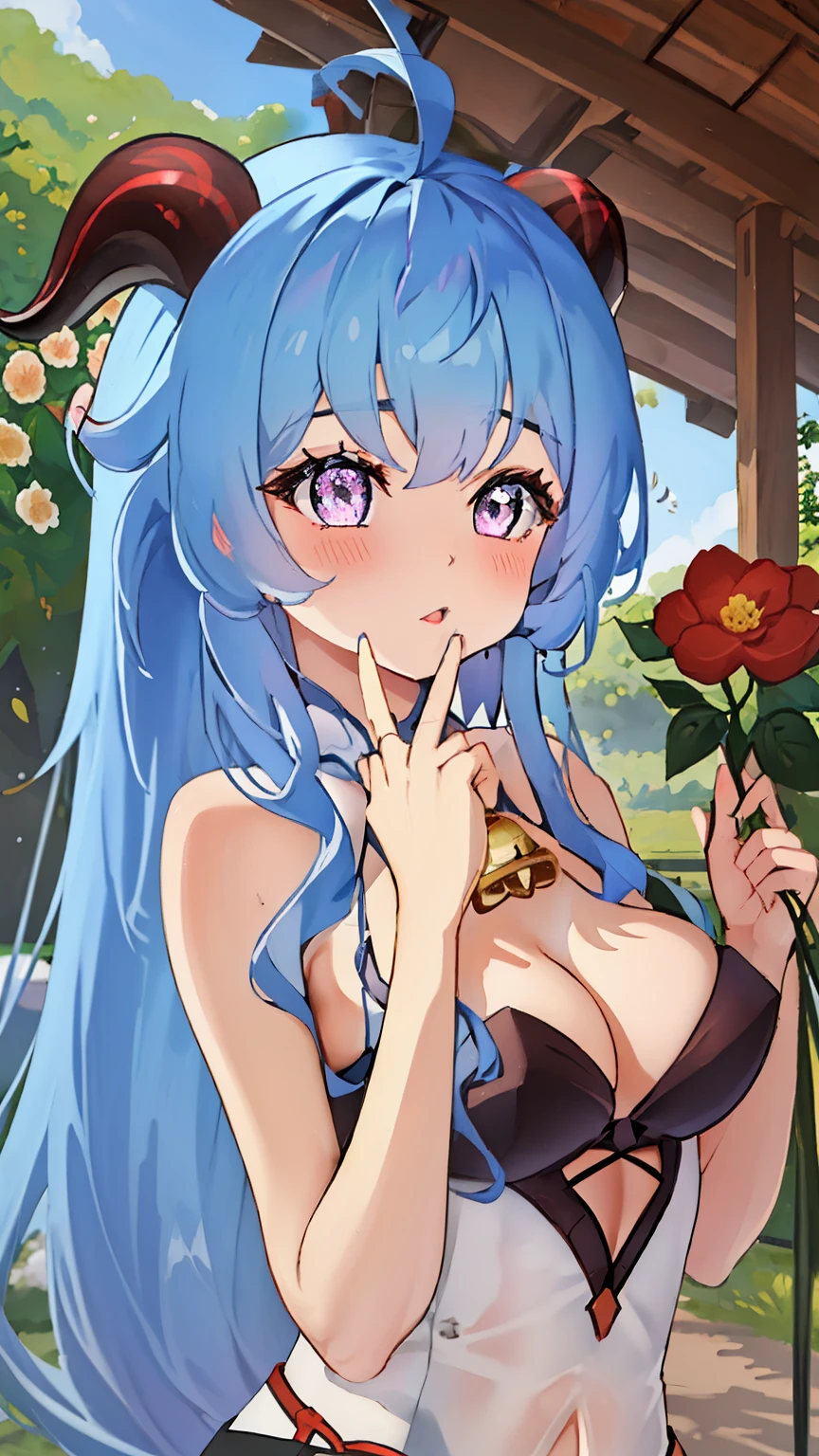 blue_hair, long_hair, bangs, horns, purple_eyes, ahoge, breasts, blush, goat_horns, sidelocks, bell, medium_breasts, large_breasts, neck_bell, ((masterpiece)), (Professional Photography:1.2), camelliamix, from above, flat body, Beautiful flowers bloom, (sparkles), (There is a blooming camellia),standing under a tree, (head looking up), Look at the tree, Natural soft light, macaron, Still ethereal, Crisp and smooth lines, radiant morning light, soft luminescent glow, perfect fingers, (((hand to own mouth)))