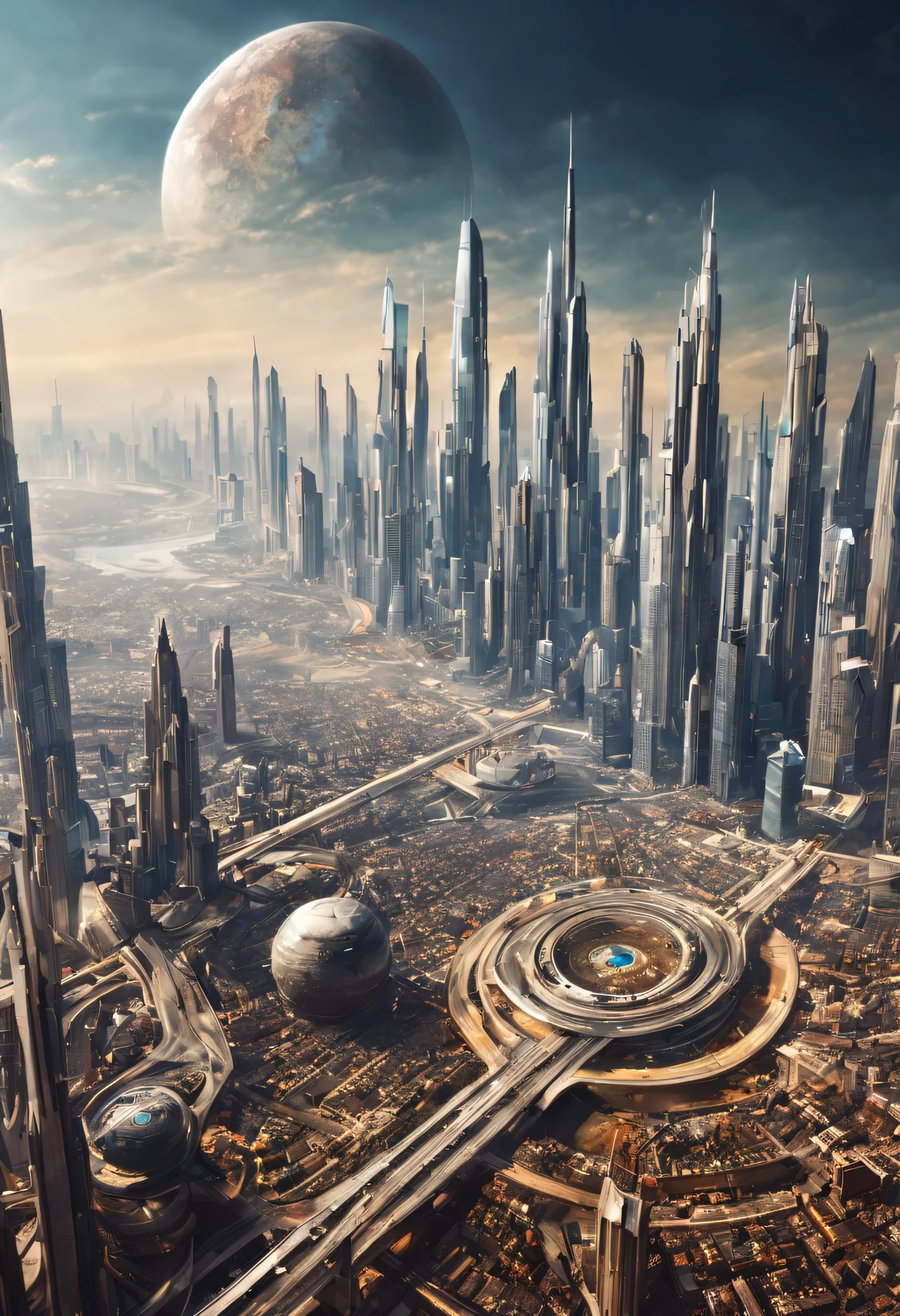 View of the futuristic city. Elements of this image courtesy of NASA