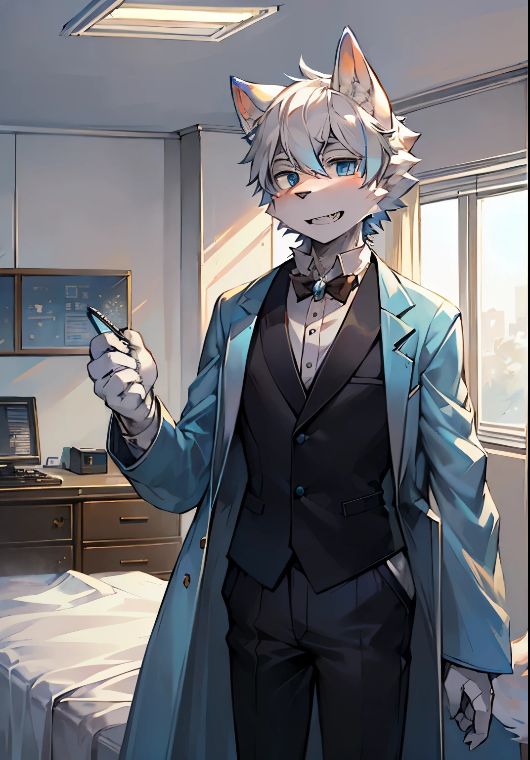 masterpiece,high quality,abstract research,number\(artwork\), by dagashi, Yes,Kiyoyama,(Hana charcoalo,fluffy fur,Character focus:1.1),Hana charcoalo male white fox,short hair,portrait , Eyes are bright, panoramic, Character focus.(Detailed background:0.7), solo, hairy, hairy male, male focus, PhD, Expressionless, Hana charcoal,(PhD. coat, hairy的尾巴, blue fur, blue eyes, white hair:1.2), (long canine teeth、PhD、PhD. coat:1.2),(Interior design、During the day、laboratory room)