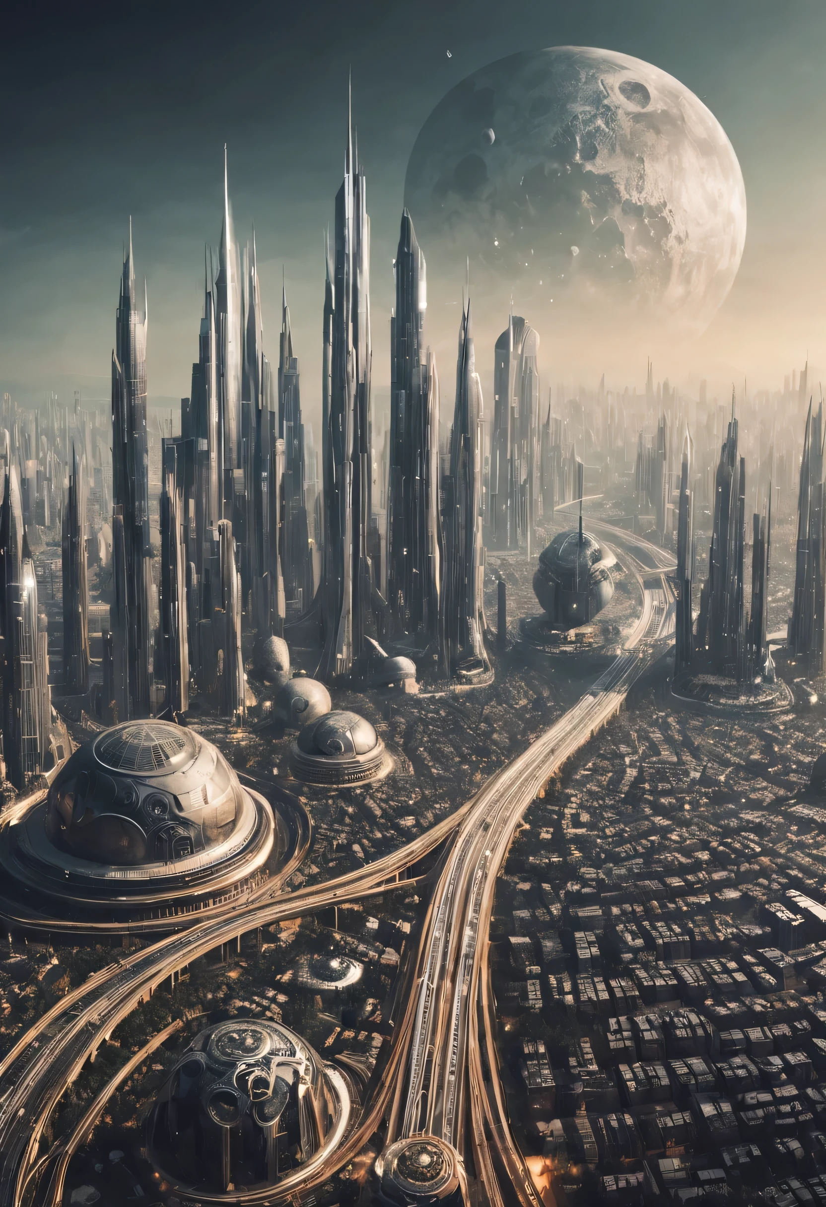 View of the futuristic city. Elements of this image courtesy of NASA