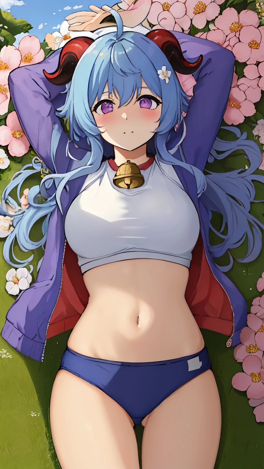 blue_hair, long_hair, bangs, horns, purple_eyes, ahoge, breasts, blush, goat_horns, sidelocks, bell, medium_breasts, large_breasts, neck_bell, ((masterpiece)), (Professional Photography:1.2), camelliamix, from above, flat body, Beautiful flowers bloom, (sparkles), (There is a blooming camellia),standing under a tree, (head looking up), Look at the tree, Natural soft light, macaron, Still ethereal, Crisp and smooth lines, radiant morning light, soft luminescent glow, gym clothes, navel, jacket, spat