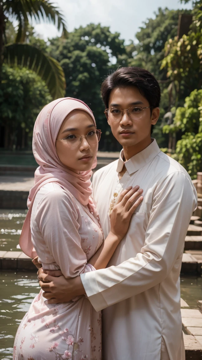 romantic couple photo shoot, wear white and soft pink muslim cloth. 1 matured malay men 30 year with eyeglass wear muslim cloth ,hugging young malay girl in hijab wearing floral baju kurung  20 - 23 years old, malay men hand on girl shoulder, nighttime, beautiful girl with beautiful perfect body, location: beautiful tropical river, professional photography, bright lighting, 28mm lens, Establishing shot, deep focus cinematography effect, Natural Lighting, pastel color grading, high quality, ultra detail, 8k resolution,