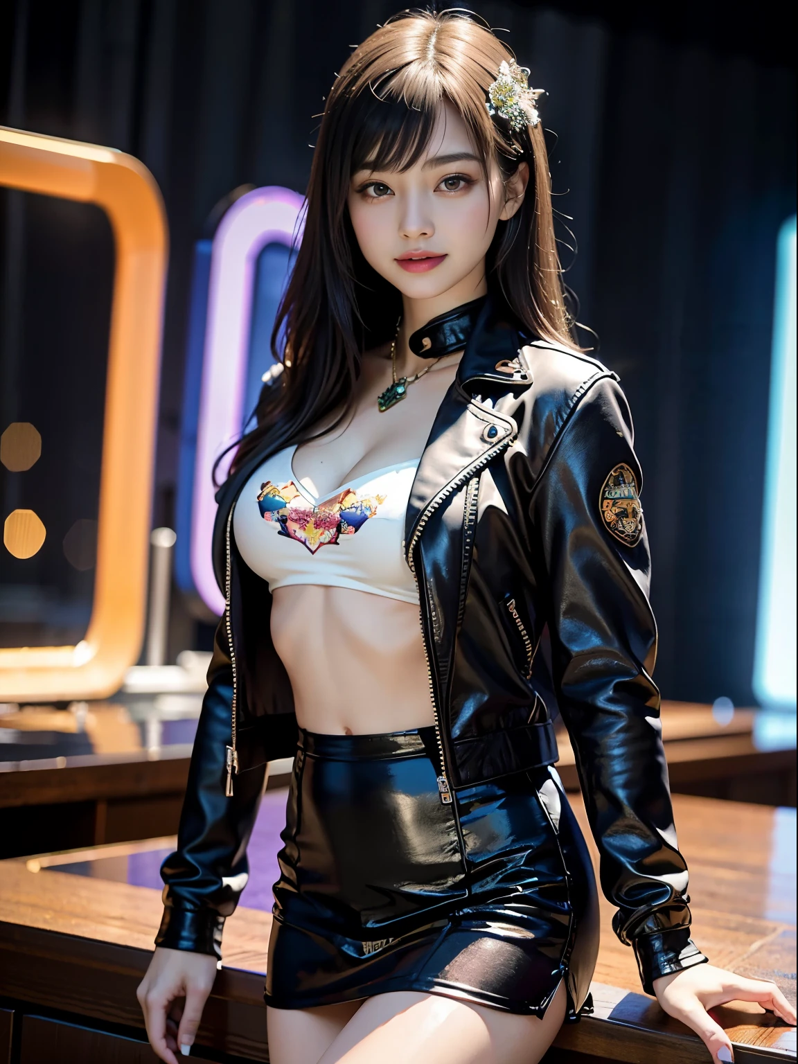 ((highest quality、masterpiece:1.2、8K、reality photo、Beautiful dimming、RAW photo、Super high resolution、Very delicate background))、(((Bewitching beautiful adult woman)))、smooth and perfect body、((casual hair、pantyhose、Sequin mini skirt))、(leather_Jacket_and_decorated:1.5)、(big smile)、(fluffy round eyes、kind eyes)、beautiful and detailed face、Beautiful and smooth skin,、The whole body is reflected、(disco、neon lighting)