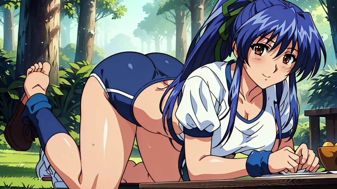 nsfw , Mitsurugi Meiya , (((highres official art))) , (((muv-luv alternative))) , (((1girl))) , blue hair , blue eyes , high ponytail , blush , shy , squatting girl, spread legs, after sex, pussy, cum drip, cum in pussy, sweat, outdoor