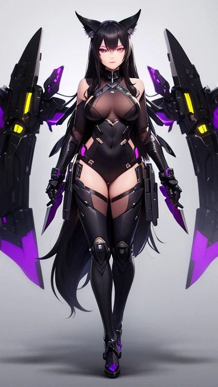 (ultra-detailed),mechanical foot,black and purple eyes,black fox ears,breasts,detailed hands and fingers,long black hair,Cyborg,mech,(realistic),full body,mechanical arms,holding a katana,(sharp focus)
