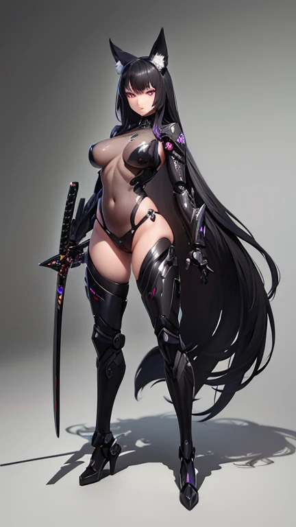 (ultra-detailed),mechanical foot,black and purple eyes,black fox ears,breasts,detailed hands and fingers,long black hair,Cyborg,mech,(realistic),full body,mechanical arms,holding a katana,(sharp focus)
