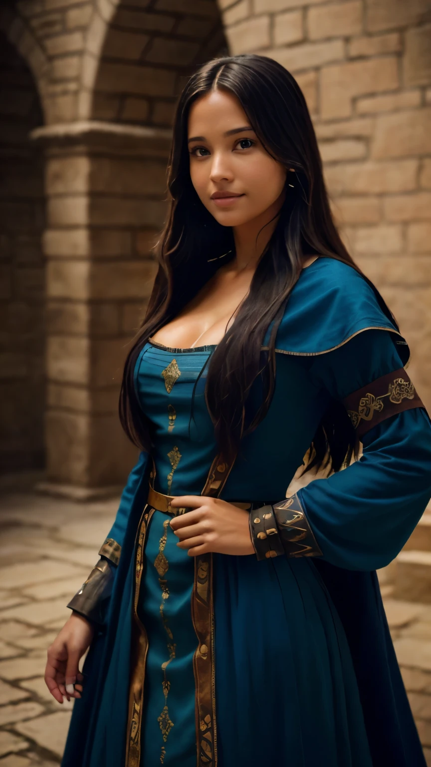 Foto hiperrealista en primer plano de Kelsey Asbille (native American), masterpiece, best quality, (photorealistic:1.4), full body, Create dystopian masterpieces, medieval clothing, rich dress, medieval dress with long-sleeves, blue dress, medieval castle, cinematic light, beautiful woman, skinny, large big breasts, black long hair, detailed face, smile, facing the camera, photo taken from a distance, age of 25 years old