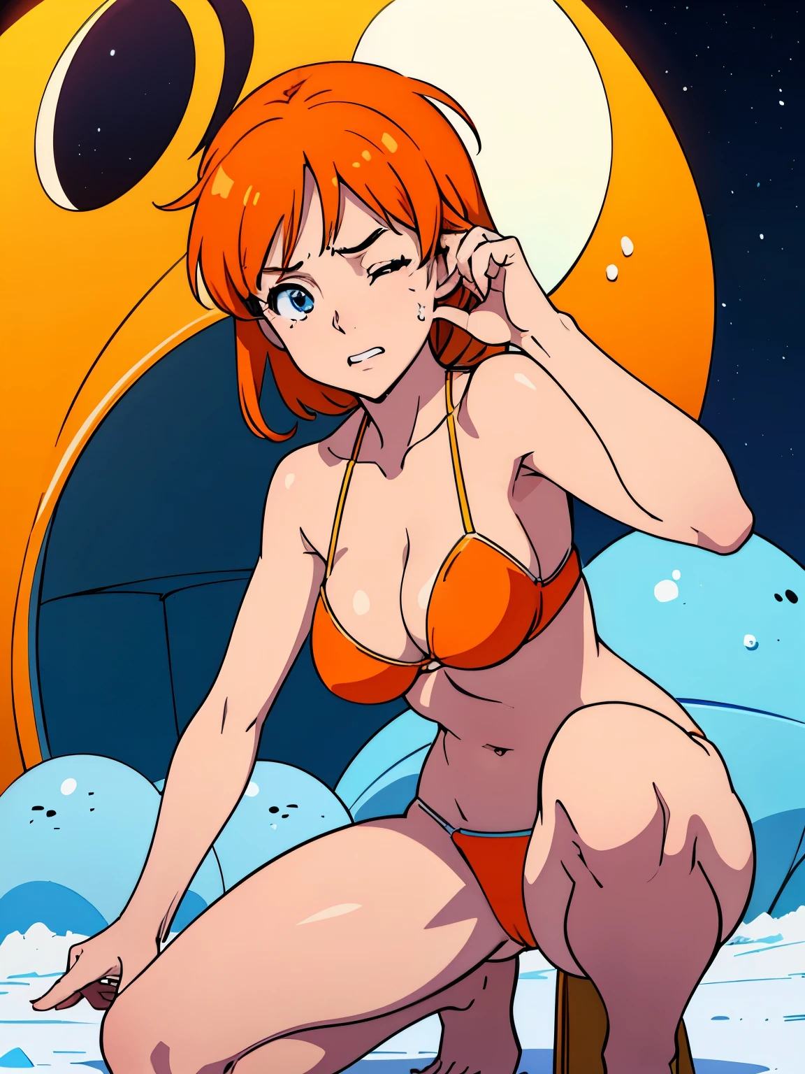 masterpiece, best quality, ultra detailed, 1girl, solo, flat color, cel shading, solid outline, ultra detailed face, sobbing, on one knee, side by snow igloo, blizzard at midnight, orange lights, (one eye closed:1.3), (medium breasts:1.5), wearing blue and orange bikini