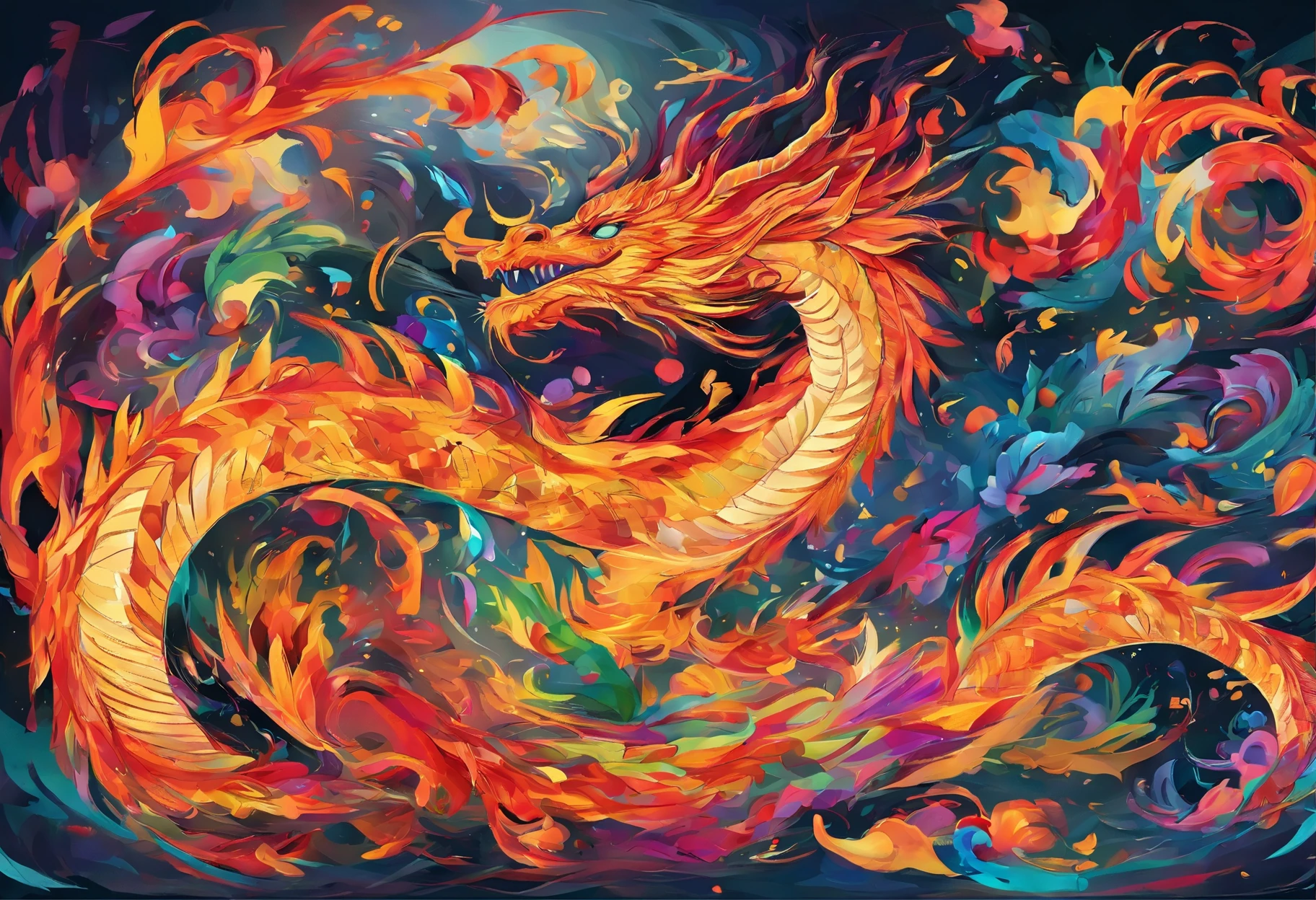 The fire dragon roared，A visual feast blooming on a dark background。The mysterious sky represented by oil painting art，wild and，The soul is struck in it。The picture is full of passion and struggle，High details reveal the creative exploration of abstract souls。Immerse yourself in it，Experience a wonderful and dark world。