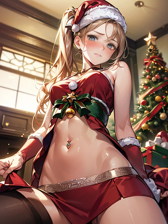 ((((perfect anatomy, super dense skin)))), 1 girl, Japanese, s old, shiny skin, looking at the scenery,
美しいlong hair, high ponytail、beautiful face, beautiful and fine eyes, (long hair:1.7, side ponytail:1.5), blonde, blue eyes, mole under eye,
beautiful clavicle, beautiful body, beautiful breasts, beautiful thighs, beautiful feet, baby face, medium breasts, perfect body, gorgeous face, fascinating , fascinating 細いthighs, (Navel exposed、navel piercing、toned abdominal muscles)、
((Dressed in Santa Claus costume, symmetrical clothes, metallic red santa claus hat, metallic red santa claus dress, metallic red santa claus boots, bare shoulders), christmas necklace),
(facing the front)(((blush, embarrassed look)), (((The wind blows up the skirt)))
(beautiful scenery), indoors, living room, (Christmas tree:1.3),
(highest quality, masterpiece:1.2, very detailed), (realistic), beautiful illustrations, cinematic lighting, (thigh focus, from below, View from the front:1.3),