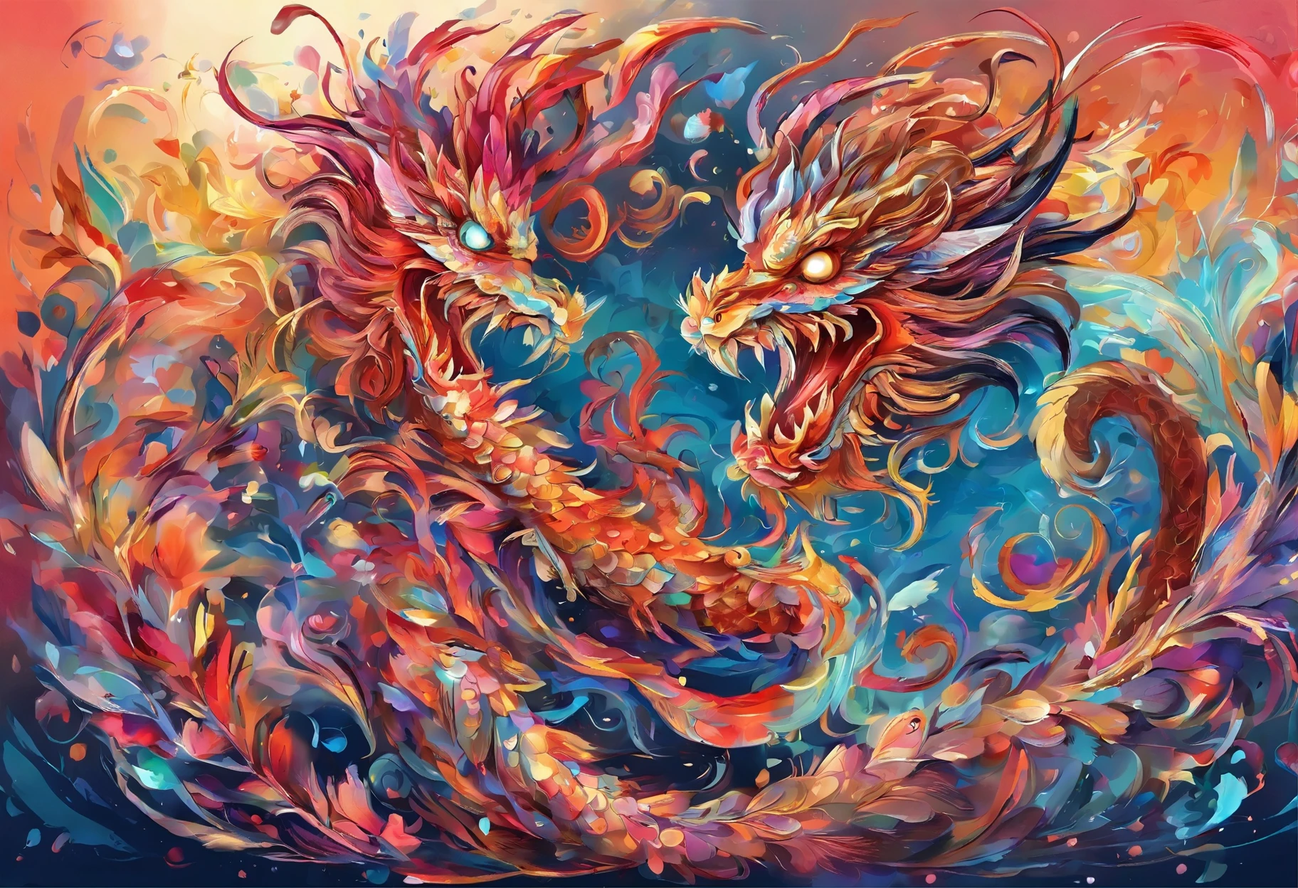 Two dragons play pearls,A visual feast blooming on a dark background。The mysterious sky represented by oil painting art,wild and,The soul is struck in it。The picture is full of passion and struggle,High details reveal the creative exploration of abstract souls。Immerse yourself in it,Experience a wonderful and dark world。