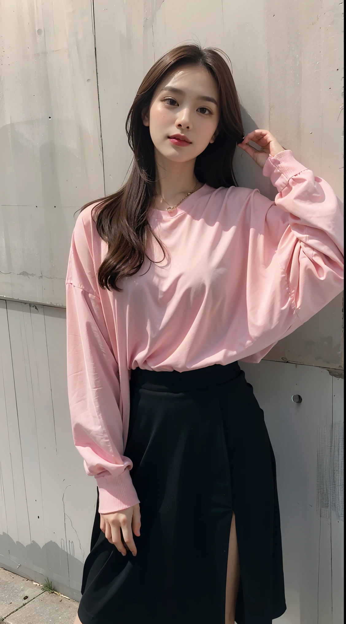 realistic, High resolution, 1 female, glowing skin, alone, jewelry, pink lip, long hair, closed mouth, hip up, shirt, black skirt, street wear,cute makeup,Idol