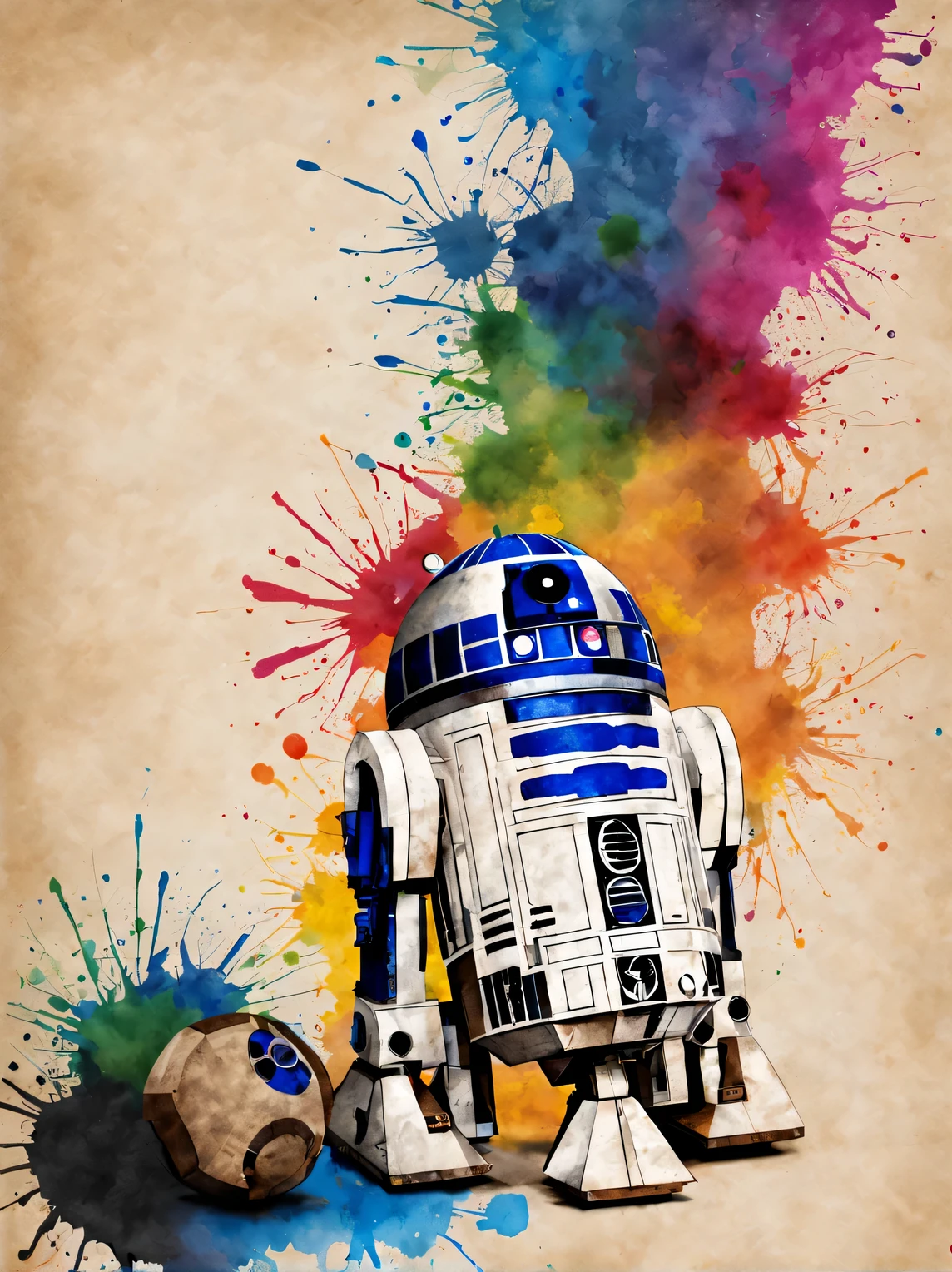 splashes of ink, R2D2 image on parchment in splashes of ink technique, all color ink, a high resolution