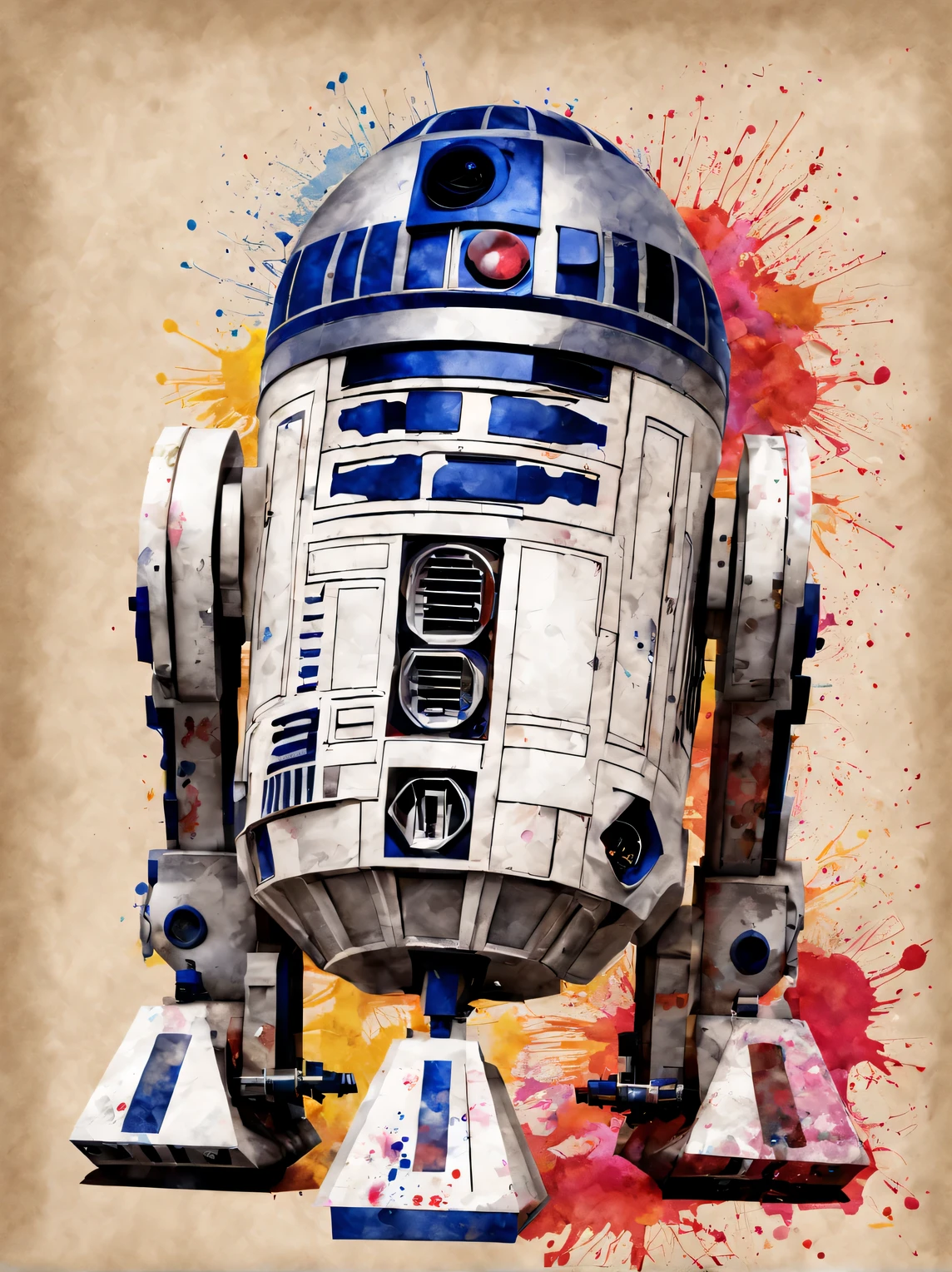 splashes of ink, R2D2 image on parchment in splashes of ink technique, all color ink, a high resolution