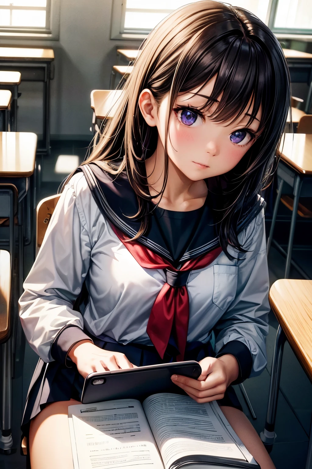 hyper detail,High resolution,hyper detail,best quality,,highest quality,cinematic lighting,静かなclassroom,1 girl studying,the phone rang,Seen by classmates around you,turn off your mobile phone、look down to study,classroom,sit on a chair