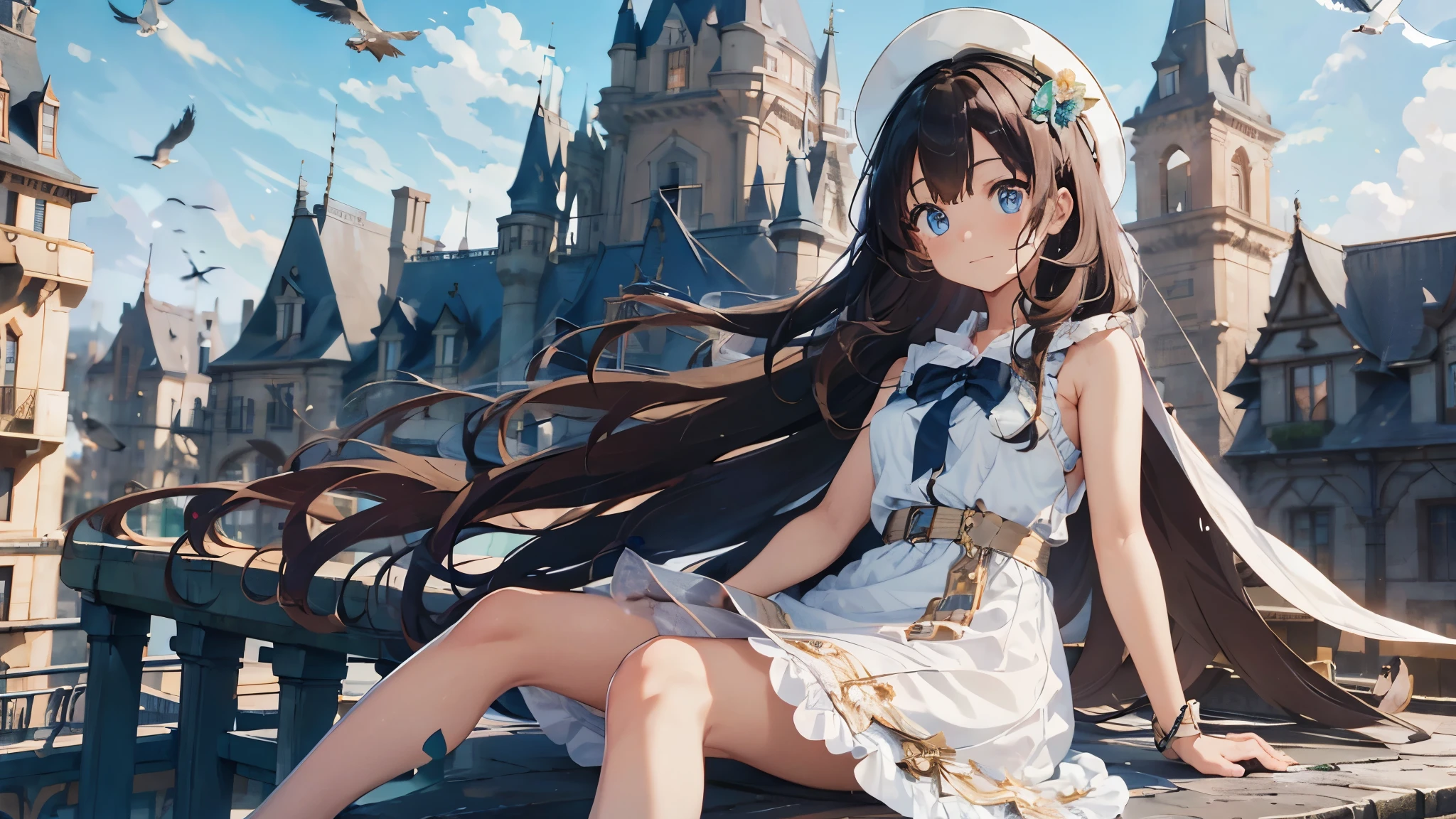 A girl sitting on the roof of the castle,Sunlight,summer day,pigeons,Wearing a white sleeveless dress,Sun hat,full-body shot,long hair,blue eyes,looking at the screen