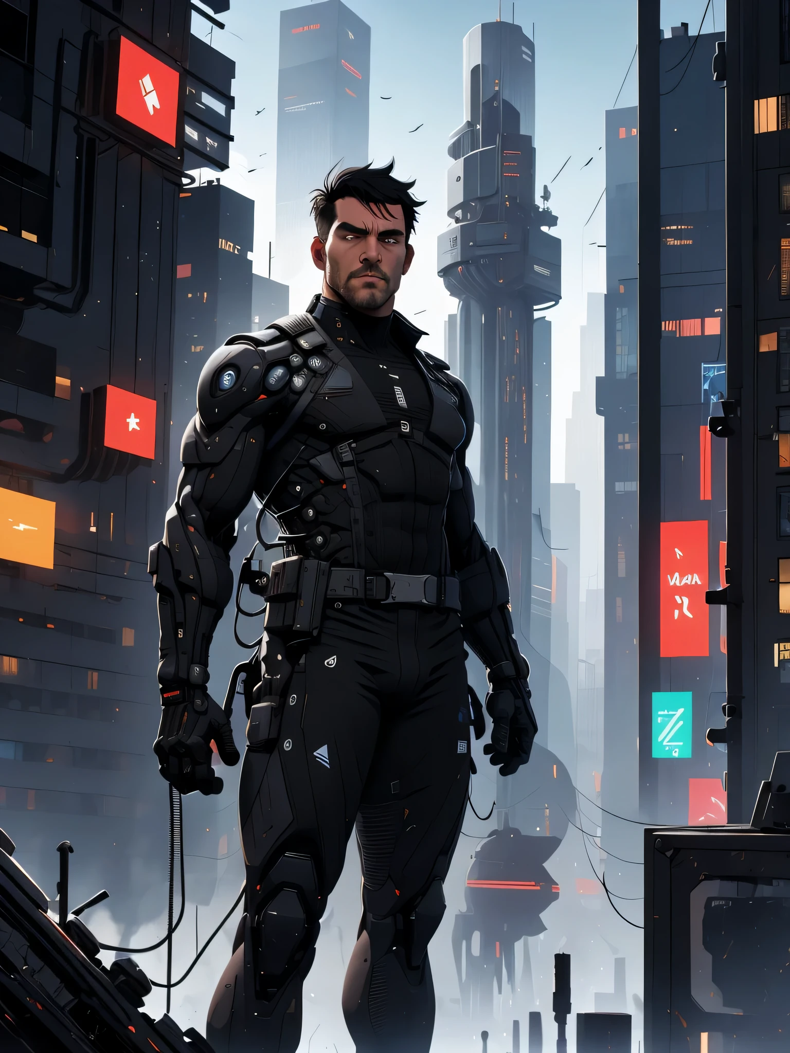 make the man have very short black hair, clothing make more business and corporate suit, add more of a view with more buildings in the distance, more of a cyberpunk business like district in the background, the man has a weaponized right cybernetic arm, left arm has no cybernetics, absurdres, high res, ultrasharp, 8K, masterpiece, looking at viewer