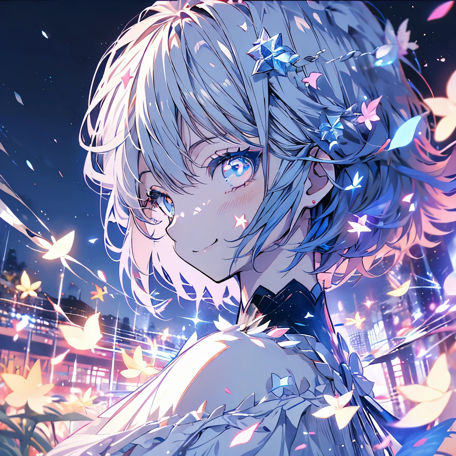 (((delicate eyes)))、smile、anime girl, short hair, 可愛いanime girl、from the side、profile、smile、colorful stars、night sky、moon、fractal art、Gwythe、