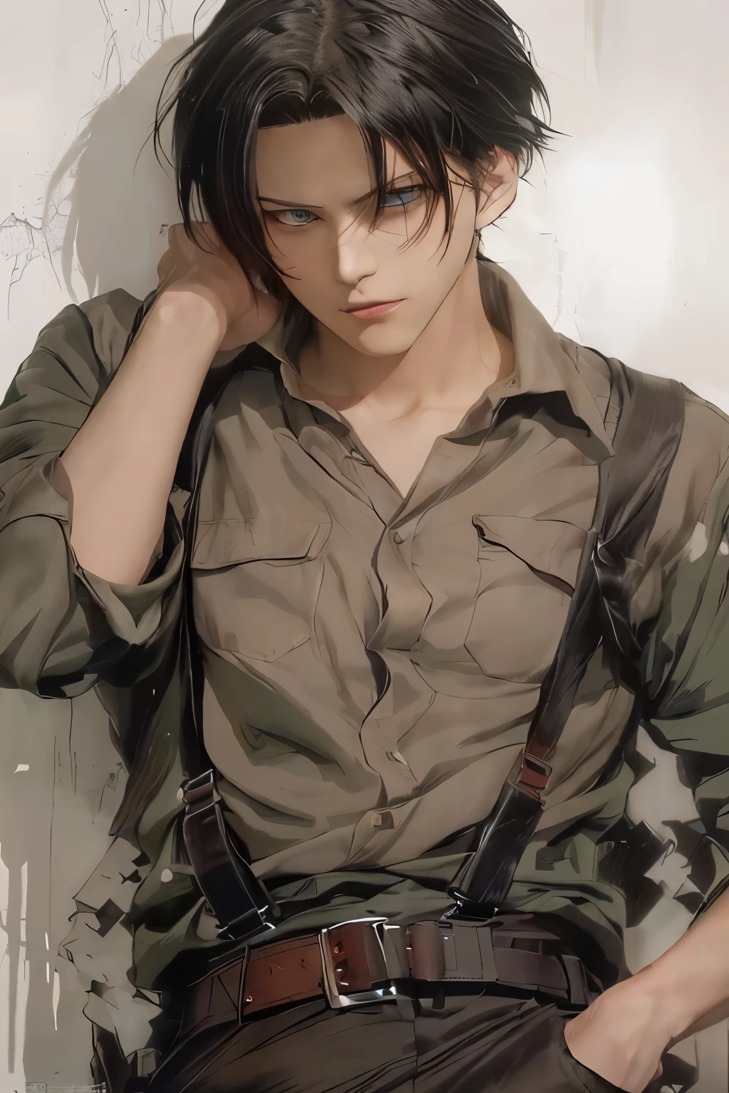 anime boy with suspenders and a shirt on leaning against a wall, levi ackerman, style of hajime isayama, snk, eren yeager, from attack on titan, portrait of eren yeager, eren jaeger, attack on titan covert art, shingeki no kyojin, male anime character, tall anime guy with blue eyes