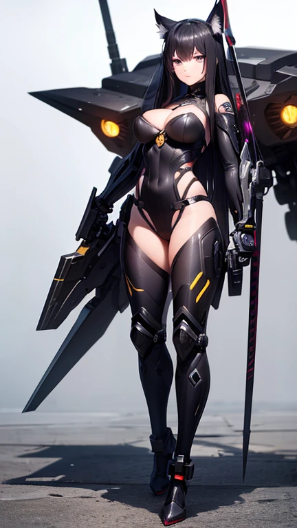 (ultra-detailed),mechanical foot,black and purple eyes,black fox ears,breasts,detailed hands and fingers,long black hair,Cyborg,mech,(realistic),full body,mechanical arms,holding a katana,(sharp focus)