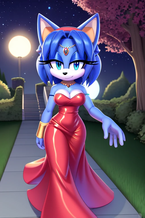 Krystal The Fox, Blue Skins, Short Hair, Yellow Hairband, Beautiful Blue Eyes,, Red Dress, Strapless Dress, Medium Breast, Long Red Sequin Dress, Jewelry, Park Garden, Night, Stars, Looking at Viewer, walking, 2D illustration.