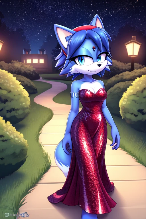 Krystal The Fox, Blue Skins, Short Hair, Yellow Hairband, Beautiful Blue Eyes,, Red Dress, Strapless Dress, Medium Breast, Long Red Sequin Dress, Jewelry, Park Garden, Night, Stars, Looking at Viewer, walking, 2D illustration.