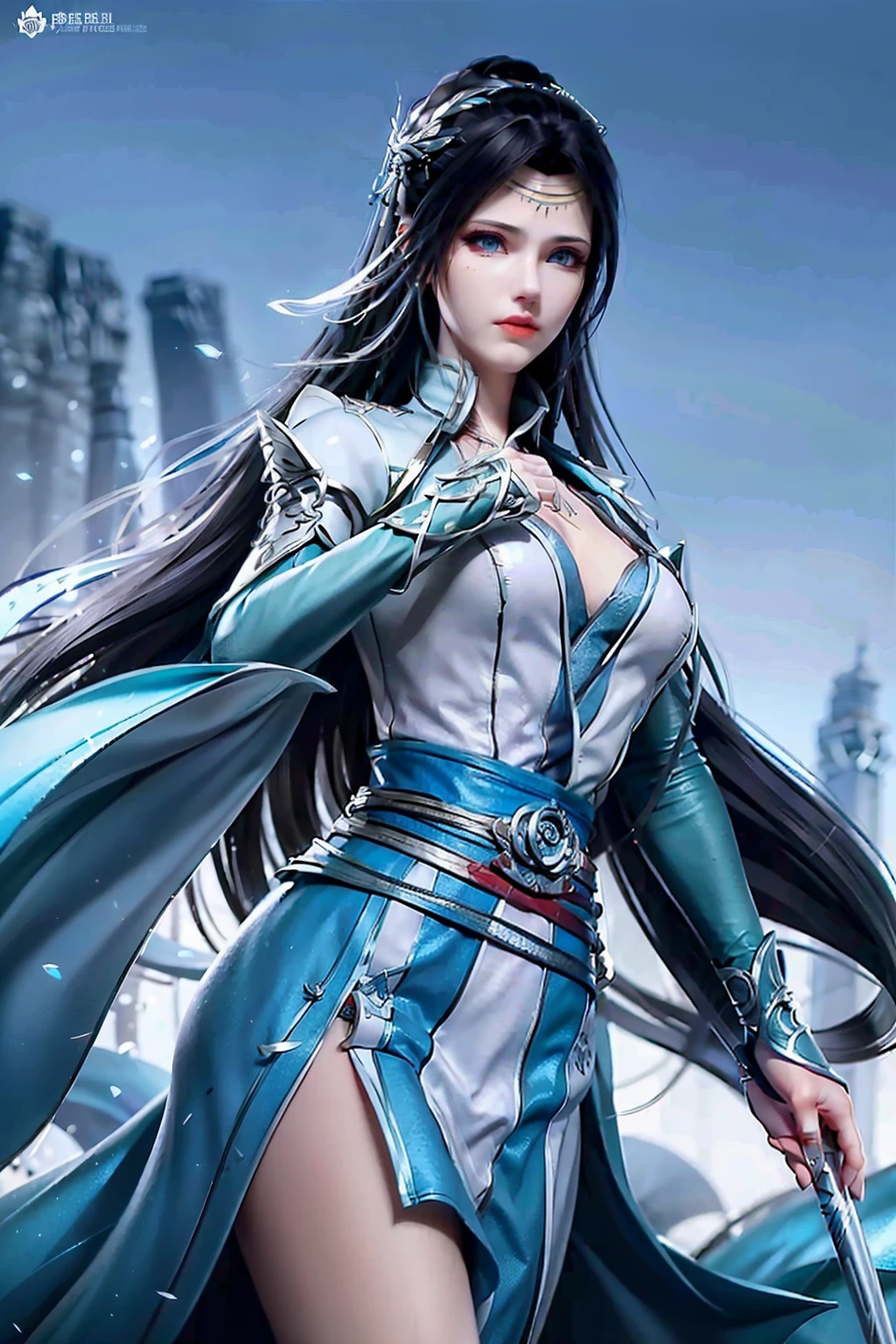 A woman dressed in Assassin's Creed style clothing, with hidden blades concealed at her wrists and hips, dons a black hood that covers her long, wavy hair. Her piercing blue eyes, shrouded in mystery, gaze intently with a focused expression. adorned with top-of-the-line opal jewelry, the intricate pieces glinting in the moonlight, accentuating her stealthy appearance. This avatar woman radiates an aura of power and sophistication, embodying the essence of an Assassin's Creed warrior. (Magazine: 1.5, Cover Style: 1.5, High-Definition, Real