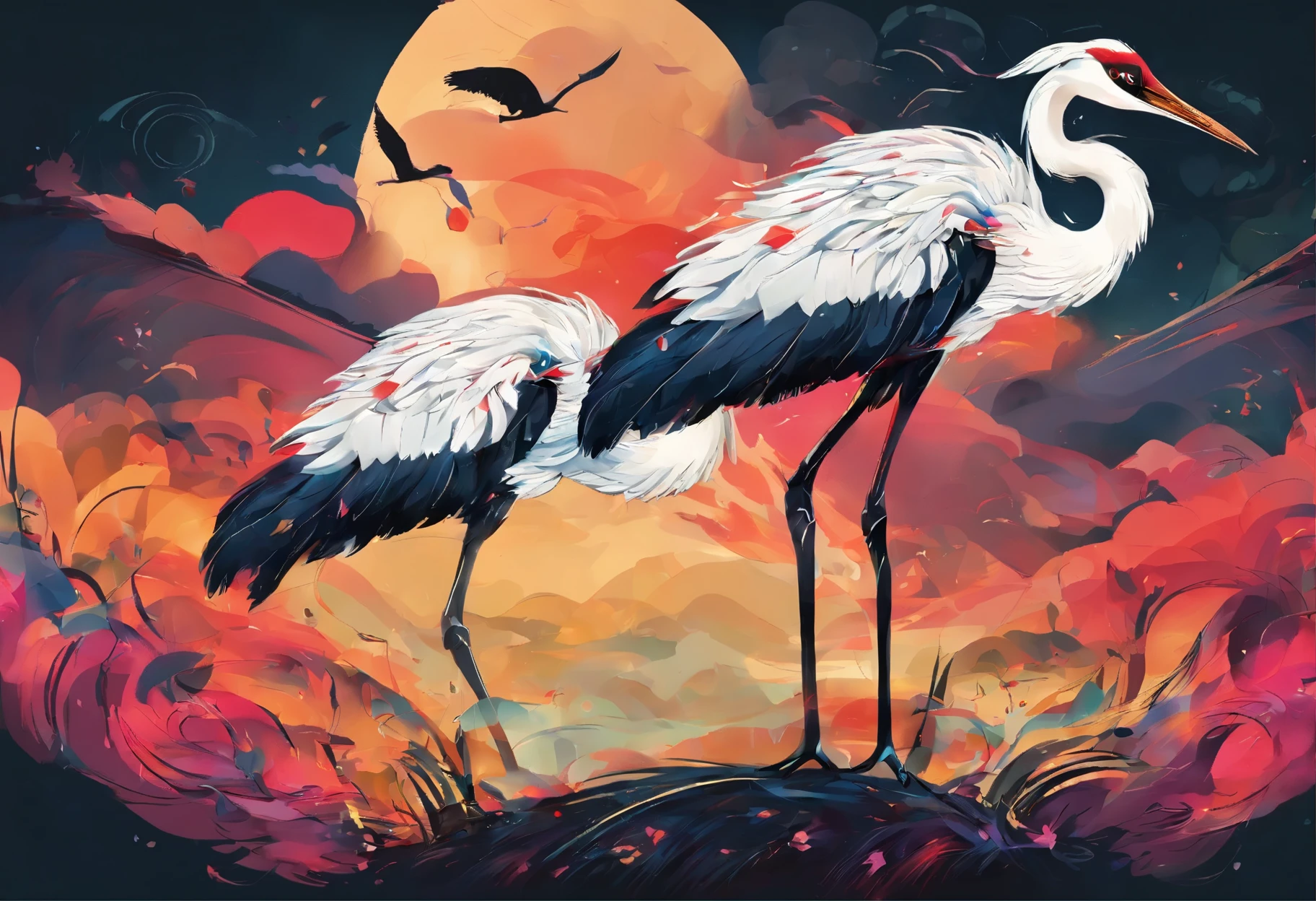 Cranes fly,A visual feast blooming on a dark background。The mysterious sky represented by oil painting art,wild and,The soul is struck in it。The picture is full of passion and struggle,High details reveal the creative exploration of abstract souls。Immerse yourself in it,Experience a wonderful and dark world。
