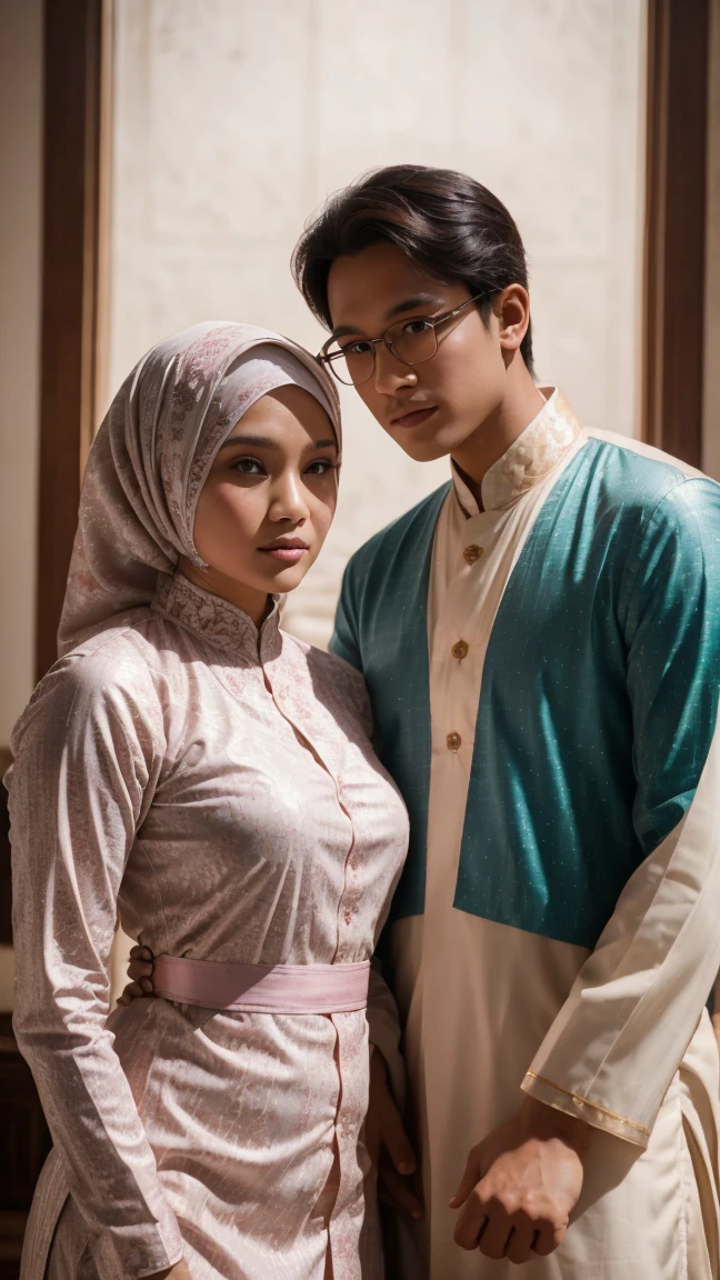 romantic couple photo shoot, wear white beautiful batik motivmuslim cloth. 1 matured malay men 30 year with eyeglass wear muslim cloth , young malay girl in hijab wearing floral baju kurung  20 - 23 years old, beautiful girl with beautiful perfect body, location: elegant studio photo, professional photography, bright lighting, 28mm lens, Establishing shot, deep focus cinematography effect, Natural Lighting, pastel color grading, high quality, ultra detail, 8k resolution,