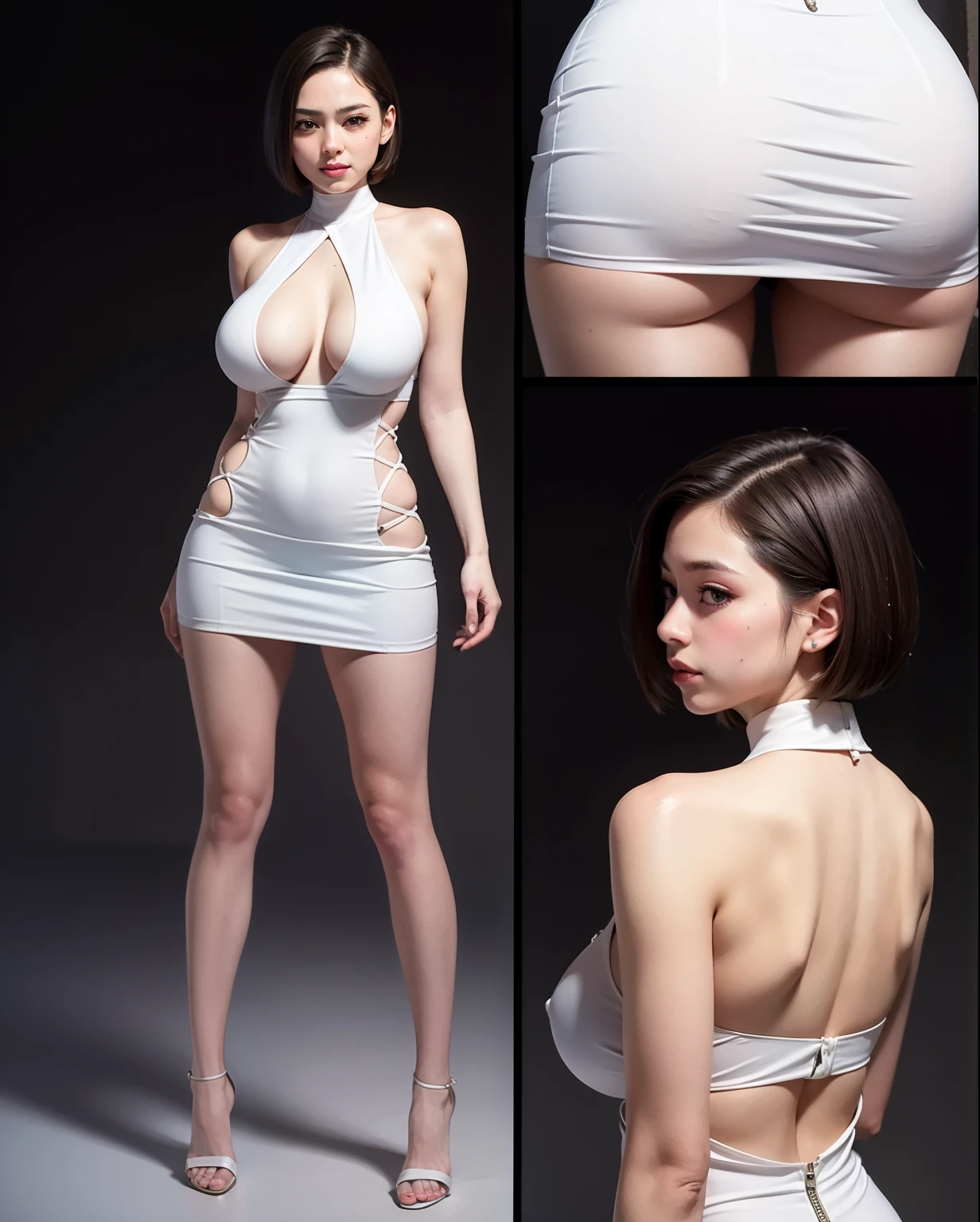 Photorealistic, best quality, high res, meticulous detail, full body, a hot beautiful woman wearing mini-dress, tight big breast, big hips, big ass, long legs, very short hair, sexy, sensual pose, blushing face, flawless white skin