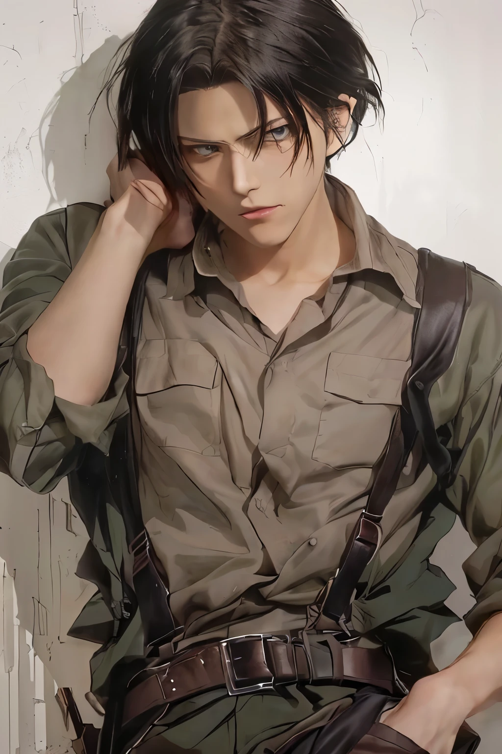 anime boy with suspenders and a shirt on leaning against a wall, levi ackerman, style of hajime isayama, snk, eren yeager, from attack on titan, portrait of eren yeager, eren jaeger, attack on titan covert art, shingeki no kyojin, male anime character, tall anime guy with blue eyes