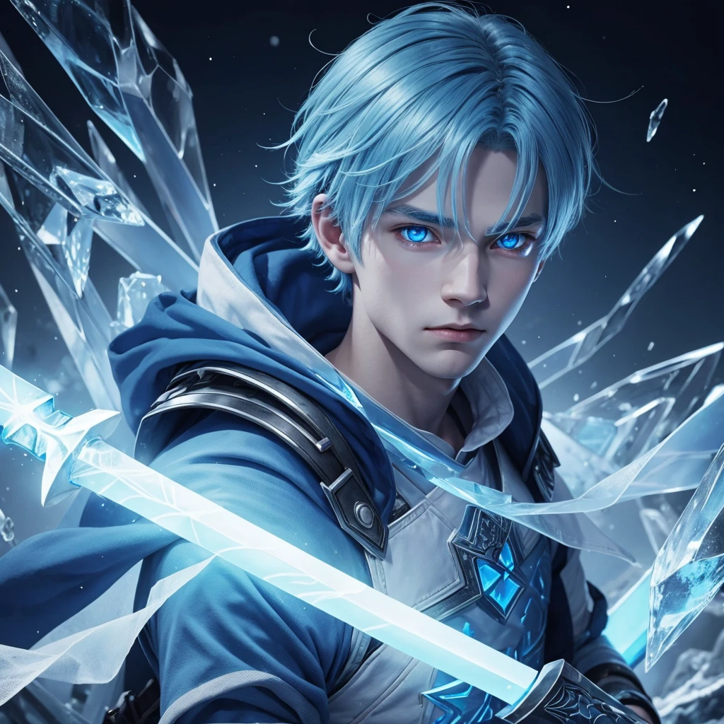 1boy Blue light, eyes blue hair, ice light with ice light sword