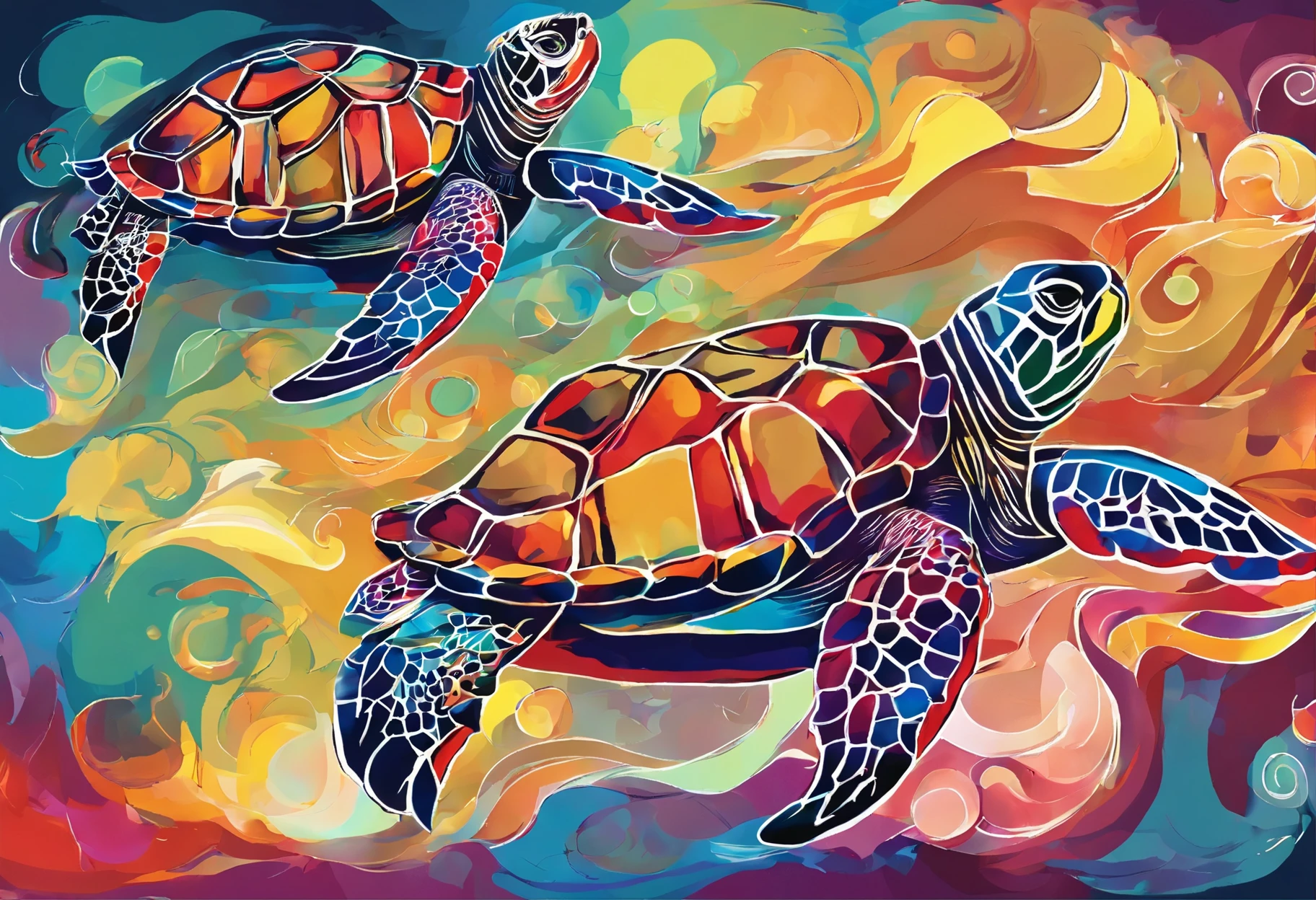 negative picture of turtles，A visual feast blooming on a dark background。The mysterious sky represented by oil painting art，wild and，The soul is struck in it。The picture is full of passion and struggle，High details reveal the creative exploration of abstract souls。Immerse yourself in it，Experience a wonderful and dark world。