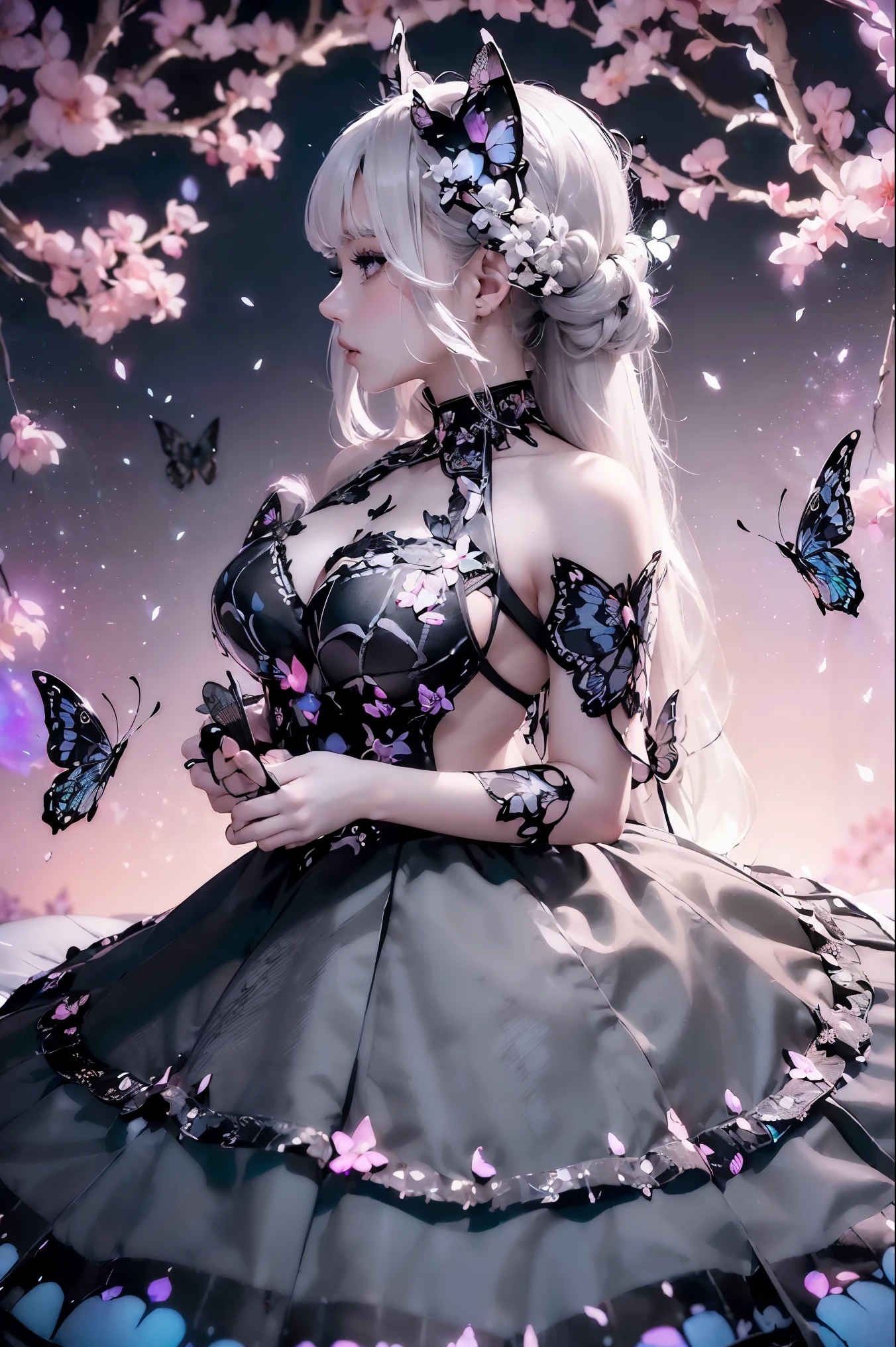 (((RAW photo , insanely detailed, highest quality, high resolution,))) (((white hair Beach waves hairstyle))), (((cosmetics))), ((((White catgirl, )))) break、(contrast:1), full body、,insanely detailed face, smile、happy、 large breasts、 full body、 break、Antonio Riva dress:1.1,dress made of slightly transparent fabric:1.3、many butterflies are flying, break、midnight:1.2、break, (realistic:1.1), impressionism), (extremely intricate:1.2), side profile of a fairy princess, high fantasy, (long gradient hair), beautiful face, half-closed eyes, (fairy:1.2), praying, (empire dress), jewelry, blue skin, pointy ears, AND (transparent black butterfly wings on her back:1.5), BREAK、 (in the enchanted flower garden:1.3), ( pink neon flowers and trees), (night:1.4), (pink neon fireflies), lots of black particles, black particles,