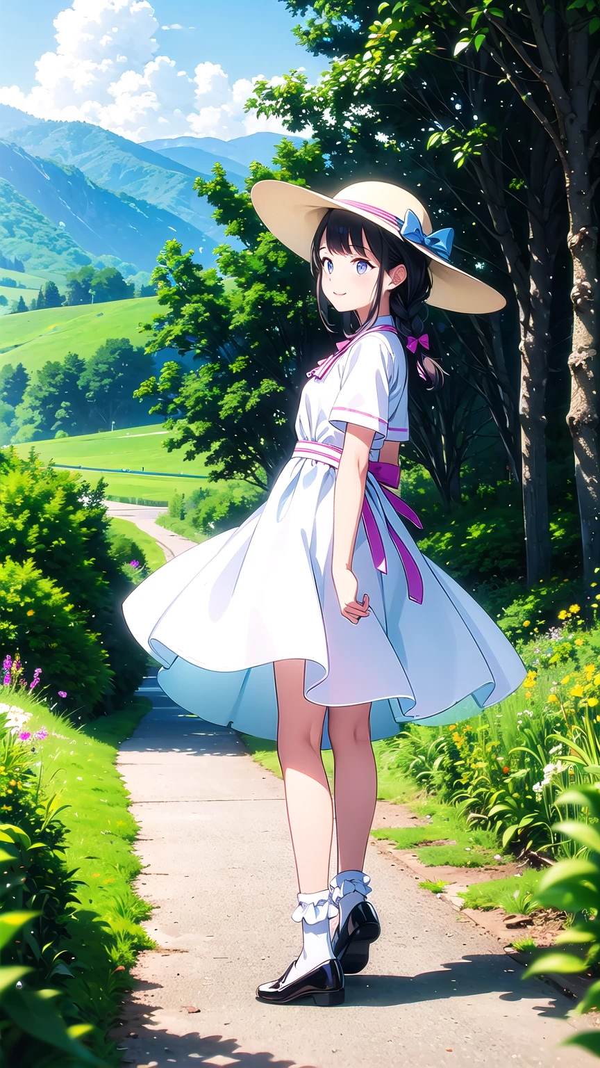 (Film portrait photography,photograph,Beautiful two-dimensional wallpapers)(Soft professional lighting,35mm film,Photographing distant views:1.3)(15-year-old cute loli looks into the distance:1.6,Wearing a long white dress blown by the wind,Refined waist-hip ratio:1.6,White and long legs:1.3,Smile,small red lips:1.4,Wearing a bow and sun hat:1.4,cute white socks:1.3,French bangs:1.4,Double braid:1.2,Standing on the slope in the distance with hands behind your back:1.6)(A flock of flying swallows:1.5,Tyndall effect,The picture is very neat :1.5)
