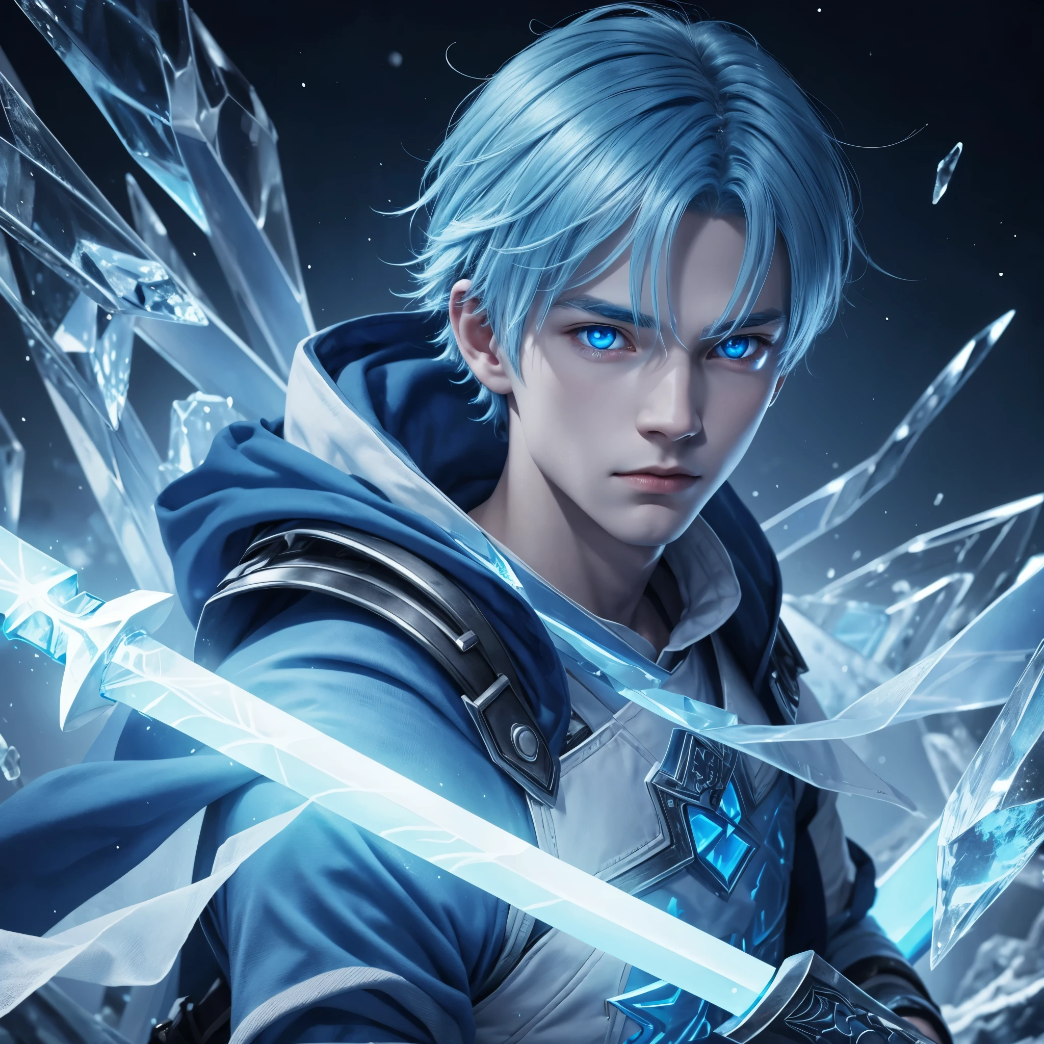 1boy Blue light, eyes blue hair, ice light with ice light sword