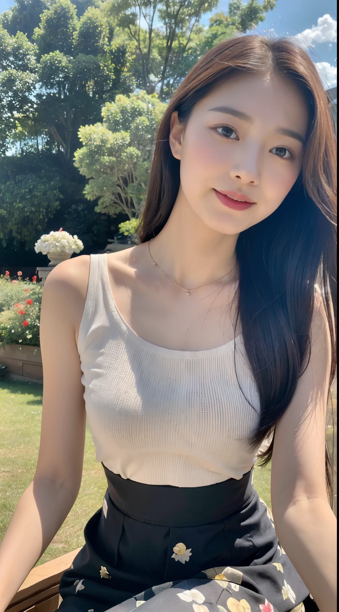 ((best qualtiy, 8k, tmasterpiece:1.3)),Focus:1.2, female high-school student,Drive a motorcycle,Perfect S-shaped body,(A look of determination)(adolable),delicated face,Long hair waist-length,long hair flowing,Tilt your head,ssmile,Hair details,Delicate Full Body Portrayal,Delicate depiction of the face,Best Picture Quality,A high resolution,细致背景,Delicate portrayal,exquisitedetails,Rich in detail,Face strengthening,(Black cropped top,Floral bust midi skirt),with blue sky and white clouds,Flowers,wooden cabin,There are no bags under the eyes,gazebo,Sit in the gazebo,A gentle breeze