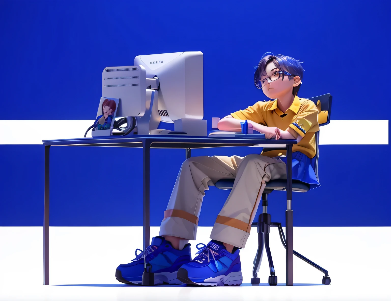 There was a little boy sitting at his desk,Hold the computer, 坐in front of computer, 坐in front of computer, video game 3d rendering, computer nerd, 坐in front of computer desk, in front of computer, 2d illustration, 2d illustration, 3D illustration, 3D illustration, aesthetics, online school girls