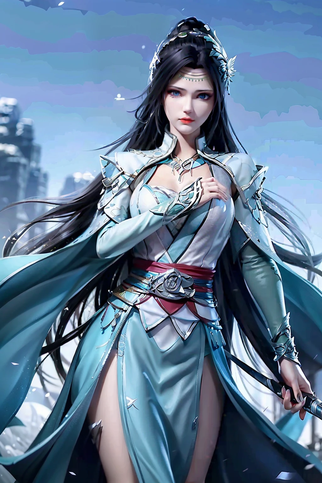 A woman dressed in Assassin's Creed style clothing, with hidden blades concealed at her wrists and hips, dons a black hood that covers her long, wavy hair. Her piercing blue eyes, shrouded in mystery, gaze intently with a focused expression. adorned with top-of-the-line opal jewelry, the intricate pieces glinting in the moonlight, accentuating her stealthy appearance. This avatar woman radiates an aura of power and sophistication, embodying the essence of an Assassin's Creed warrior. (Magazine: 1.5, Cover Style: 1.5, High-Definition, Real