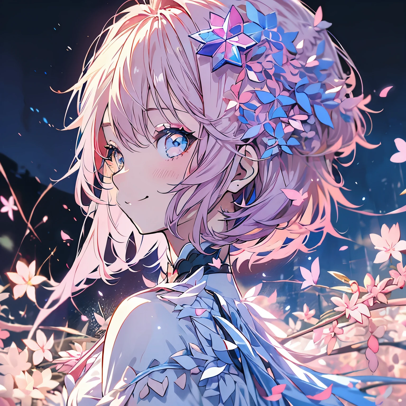 (((delicate eyes)))、smile、anime girl, short hair, 可愛いanime girl、from the side、profile、smile、colorful stars、pink hair、night sky、moon、fractal art、Gwythe、