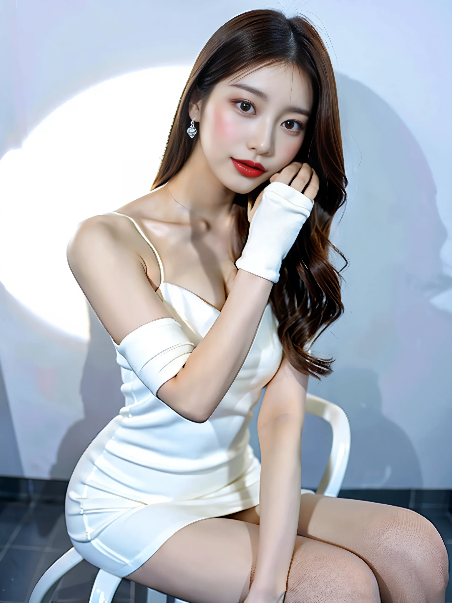 araffe woman sitting on a stool in a white dress, smooth white tight clothing suit, korean female fashion model, sexy dress, wearing white dress, white dress, gorgeous young korean woman, Minimal bodycon feminine costume, slim girl model photo, elegant white dress, wearing along white dress, wearing heels and white dress, wearing white clothes, very beautiful face