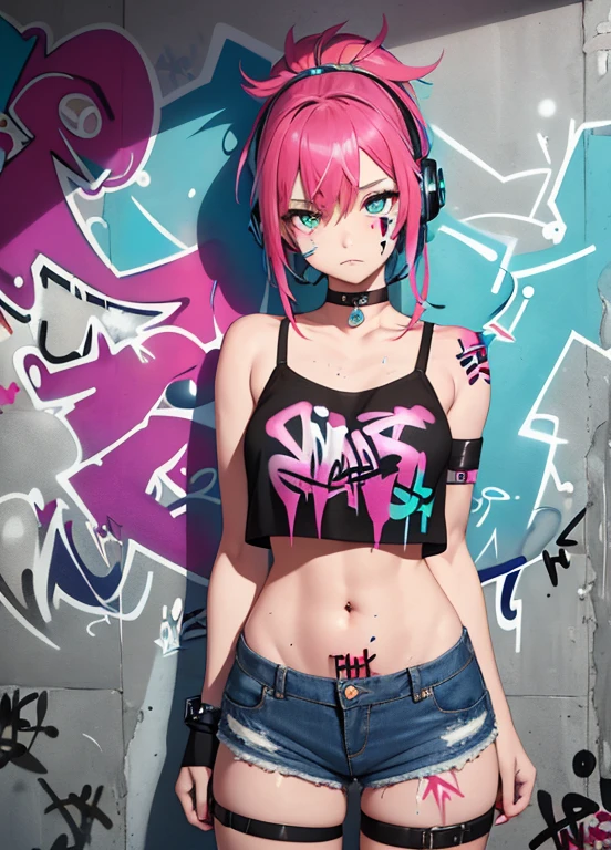 masterpiece, best quality, 1girl, solo, crop top, denim shorts, choker, (graffiti:1.5), paint splatter, arms behind back, against wall, looking at viewer, armband, thigh strap, head tilt, bored, multicolored hair, aqua eyes, headset,