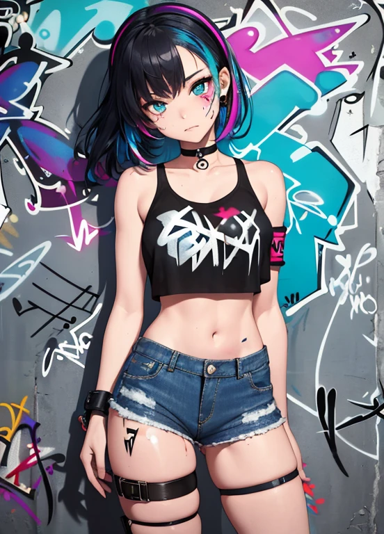masterpiece, best quality, 1girl, solo, crop top, denim shorts, choker, (graffiti:1.5), paint splatter, arms behind back, against wall, looking at viewer, armband, thigh strap, head tilt, bored, multicolored hair, aqua eyes, headset,