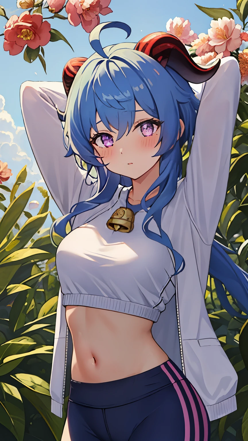 blue_hair, long_hair, bangs, horns, purple_eyes, ahoge, breasts, blush, goat_horns, sidelocks, bell, medium_breasts, large_breasts, neck_bell, ((masterpiece)), (Professional Photography:1.2), camelliamix, from above, flat body, Beautiful flowers bloom, (sparkles), (There is a blooming camellia)，standing under a tree, (head looking up), Look at the tree, Natural soft light, macaron, Still ethereal, Crisp and smooth lines, radiant morning light, soft luminescent glow, ((gym clothes, navel, jacket, spat, sleveless))