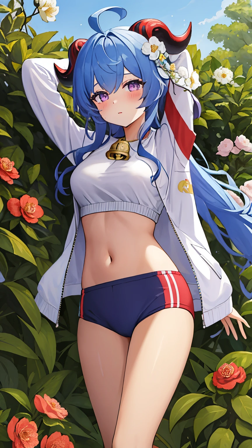 blue_hair, long_hair, bangs, horns, purple_eyes, ahoge, breasts, blush, goat_horns, sidelocks, bell, medium_breasts, large_breasts, neck_bell, ((masterpiece)), (Professional Photography:1.2), camelliamix, from above, flat body, Beautiful flowers bloom, (sparkles), (There is a blooming camellia)，standing under a tree, (head looking up), Look at the tree, Natural soft light, macaron, Still ethereal, Crisp and smooth lines, radiant morning light, soft luminescent glow, ((gym clothes, navel, jacket, spat, sleveless))